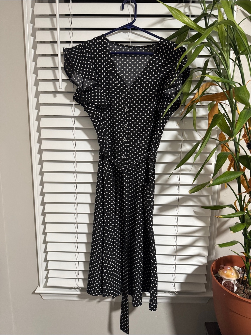 Black Polka Dot Midi Dress with V-Neck and Ruffle Sleeves